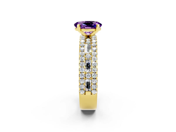 Yellow gold Oval Cut Amethyst Solitaire Ring with Pavé and Channel Set Band