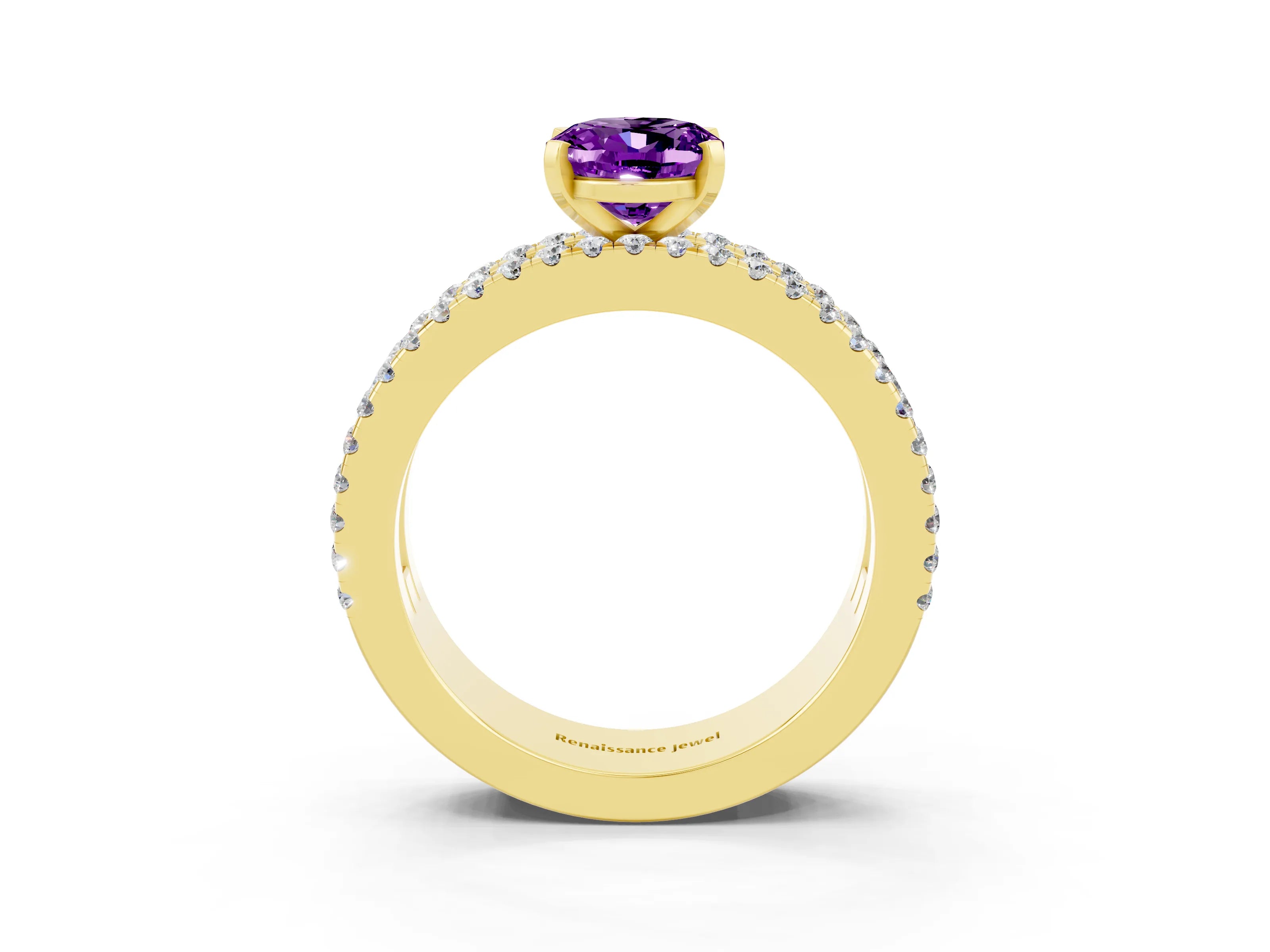 Yellow gold Oval Cut Amethyst Solitaire Ring with Pavé and Channel Set Band_3