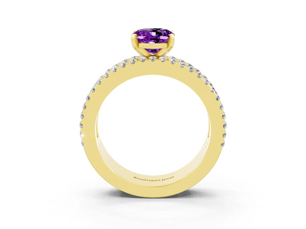 Yellow gold Oval Cut Amethyst Solitaire Ring with Pavé and Channel Set Band