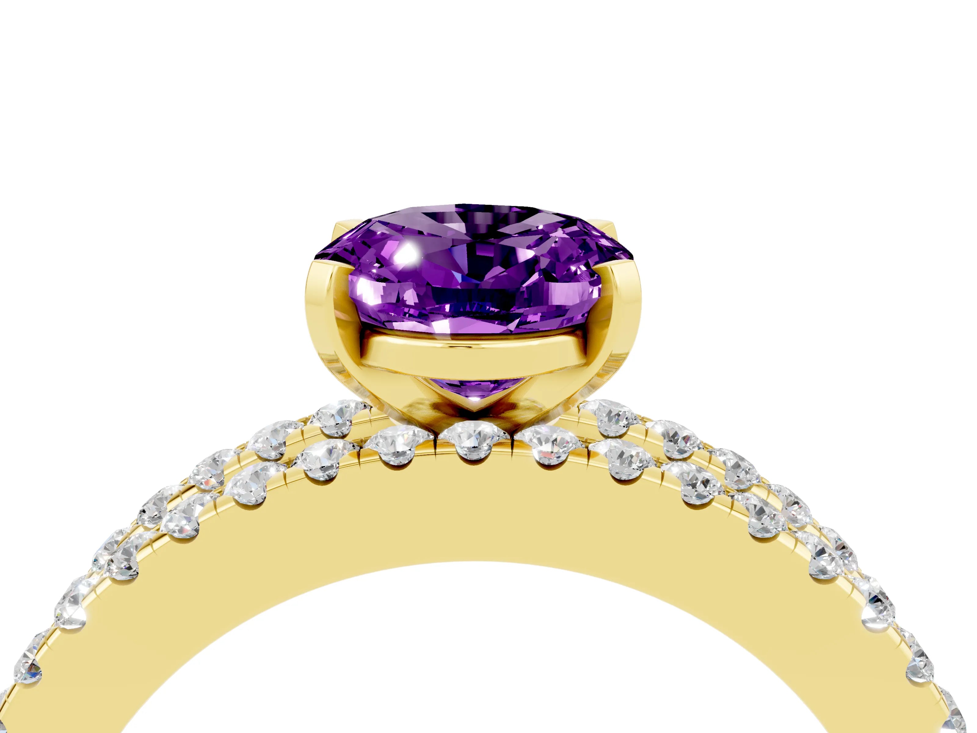 Yellow gold Oval Cut Amethyst Solitaire Ring with Pavé and Channel Set Band_4