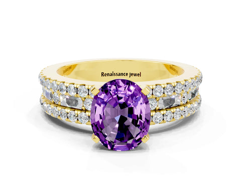 Yellow gold Oval Cut Amethyst Solitaire Ring with Pavé and Channel Set Band