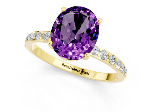 Yellow gold Oval Cut Amethyst Solitaire Ring with Pave Band and Four Prong Setting_13