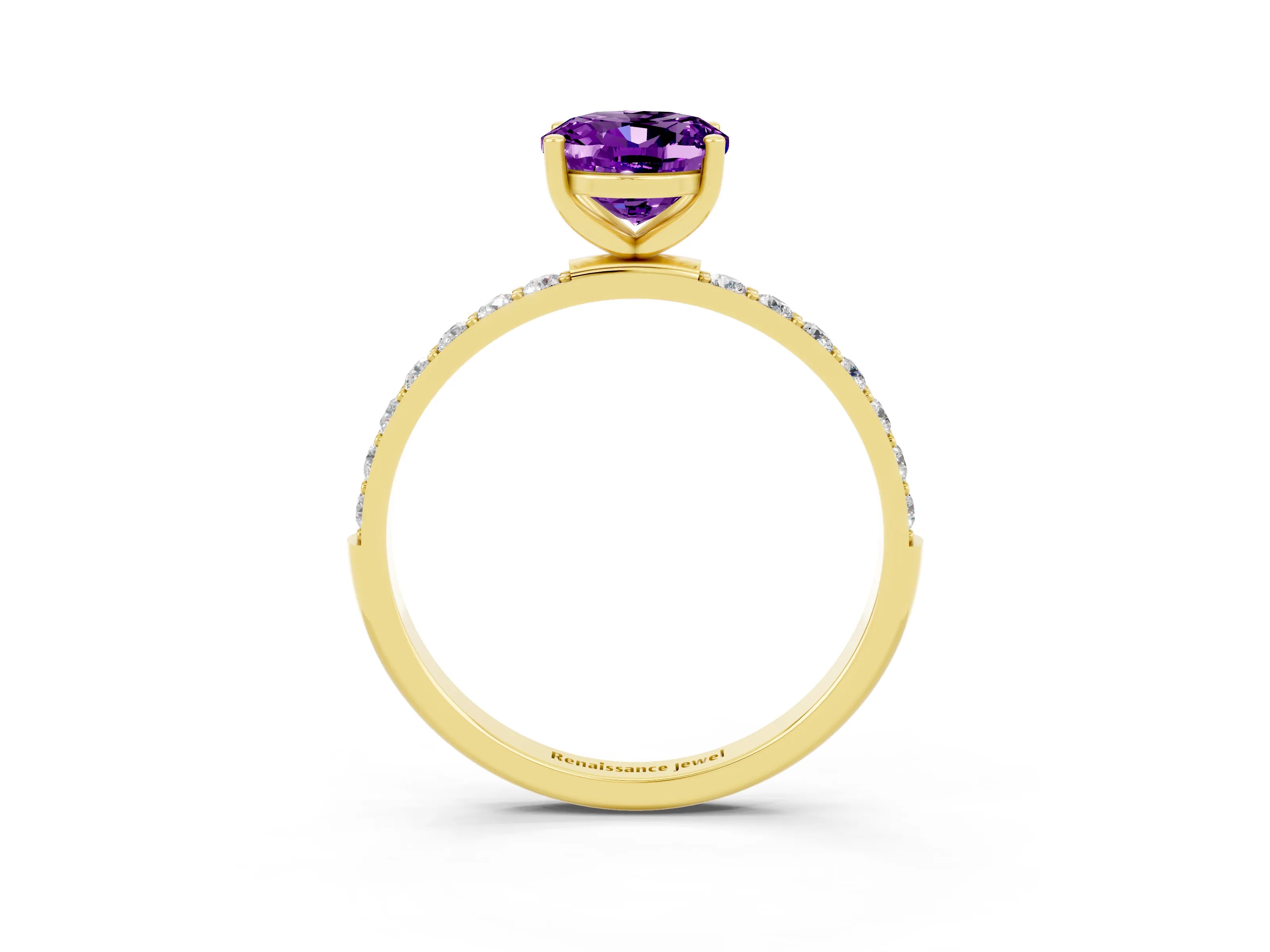 Yellow gold Oval Cut Amethyst Solitaire Ring with Pave Band and Four Prong Setting_15