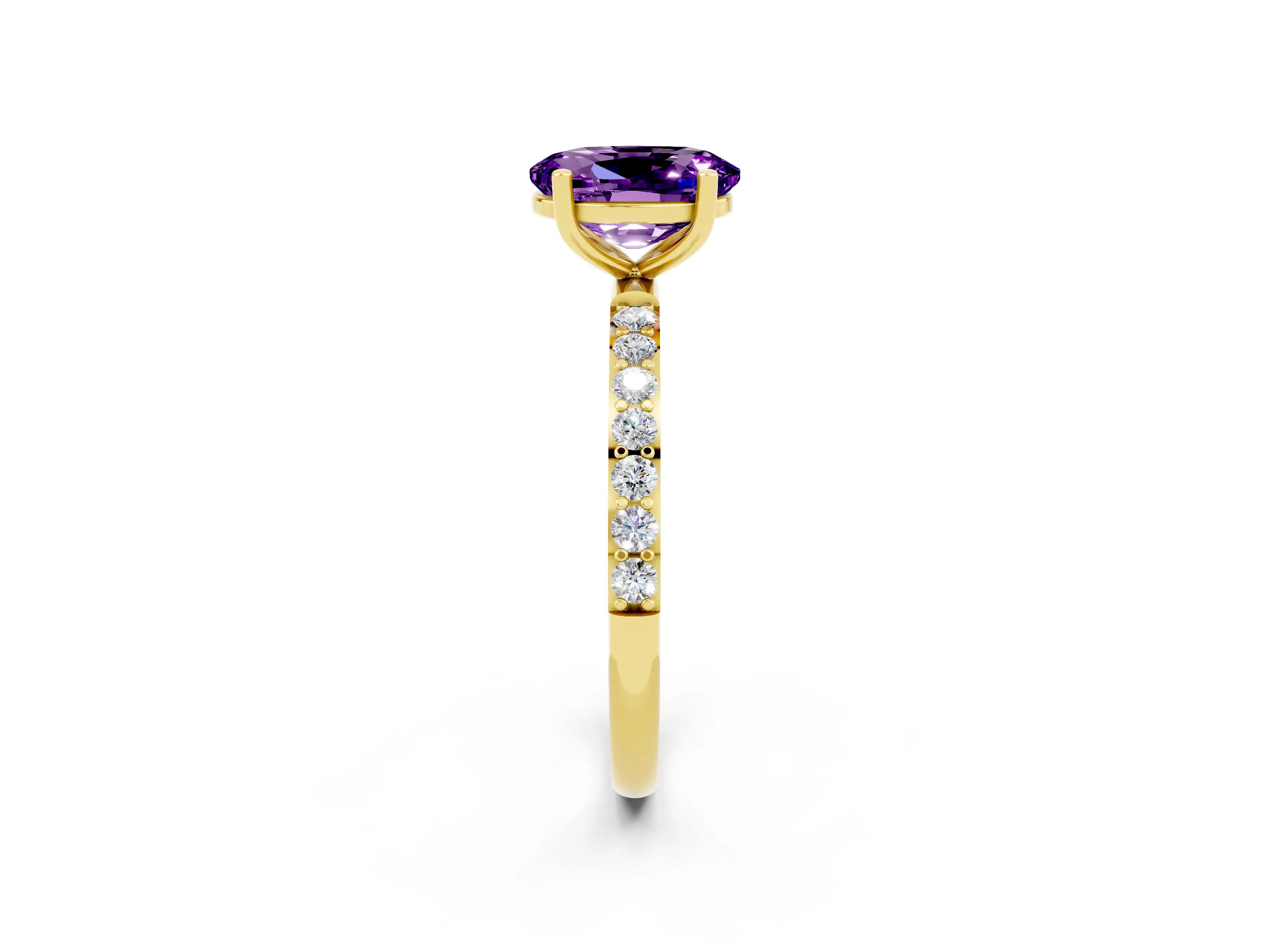 Yellow gold Oval Cut Amethyst Solitaire Ring with Pave Band and Four Prong Setting_26