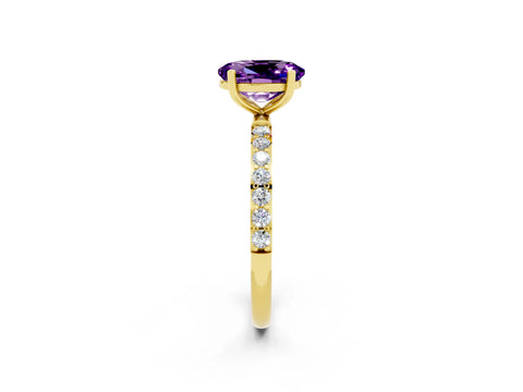 Yellow gold Oval Cut Amethyst Solitaire Ring with Pave Band and Four Prong Setting_26