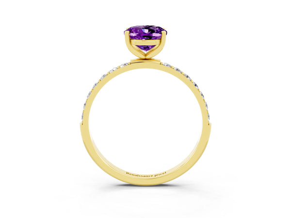 Yellow gold Oval Cut Amethyst Solitaire Ring with Round  Pavé Band and Prong Setting