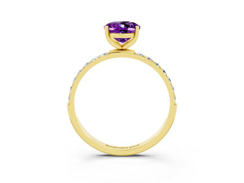 Yellow gold Oval Cut Amethyst Solitaire Ring with Pave Band and Four Prong Setting_27