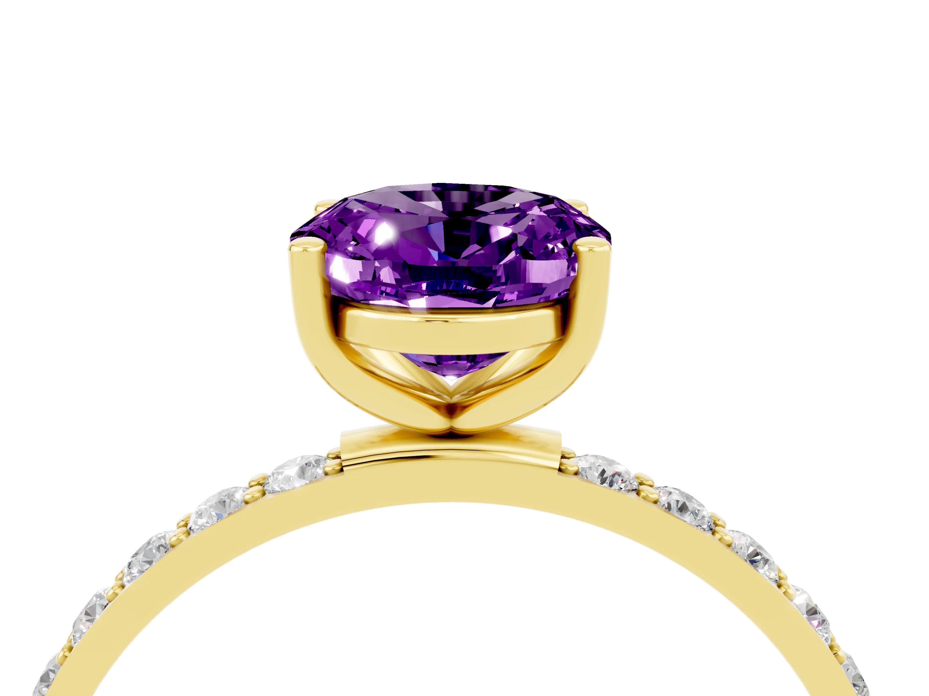 Yellow gold Oval Cut Amethyst Solitaire Ring with Pave Band and Four Prong Setting_28