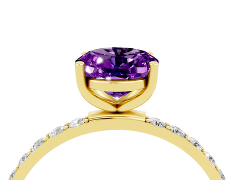 Yellow gold Oval Cut Amethyst Solitaire Ring with Pave Band and Four Prong Setting_28