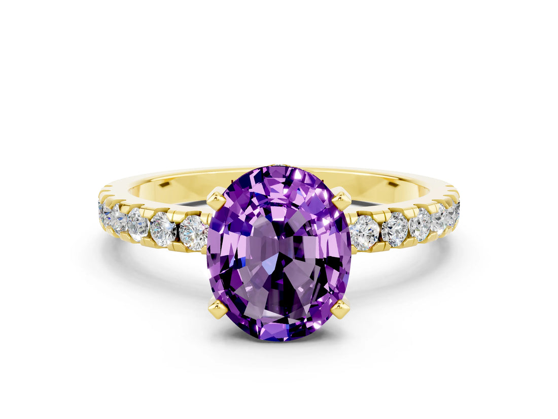 Yellow gold Oval Cut Amethyst Solitaire Ring with Round  Pavé Band and Four-Prong Setting_36