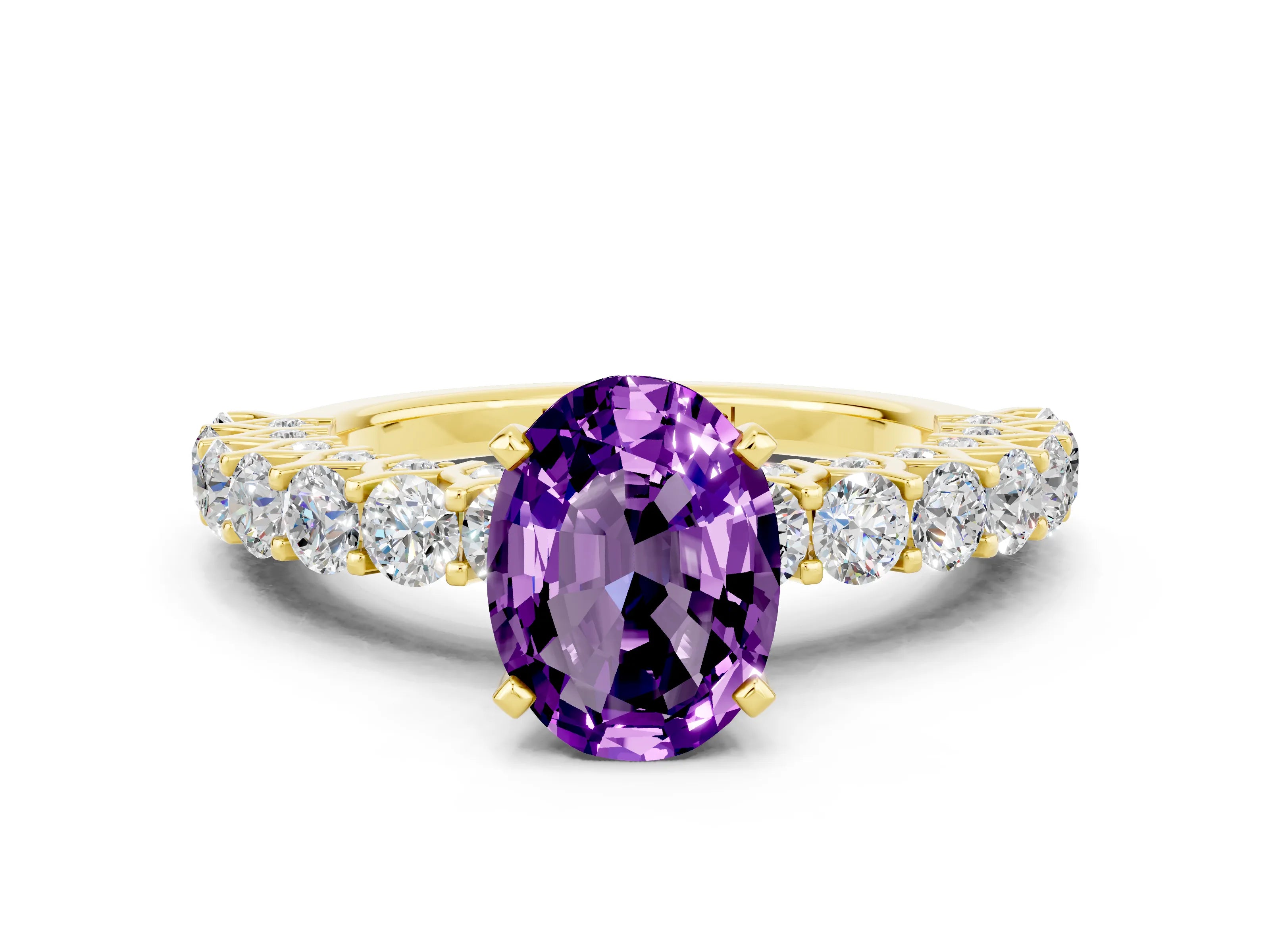 Yellow gold Oval Cut Amethyst Solitaire Ring with Shared Prong Pavé Band and Four-Prong Setting