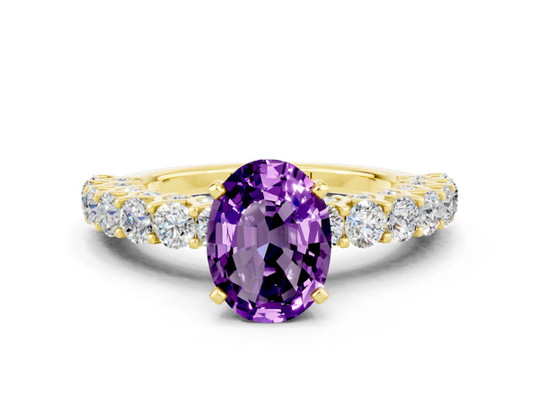 Yellow gold Oval Cut Amethyst Solitaire Ring with Shared Prong Pavé Band and Four-Prong Setting