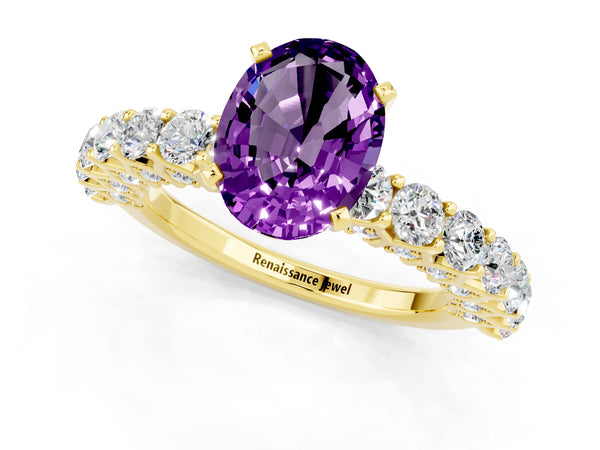 Yellow gold Oval Cut Amethyst Solitaire Ring with Shared Prong Pavé Band and Four-Prong Setting