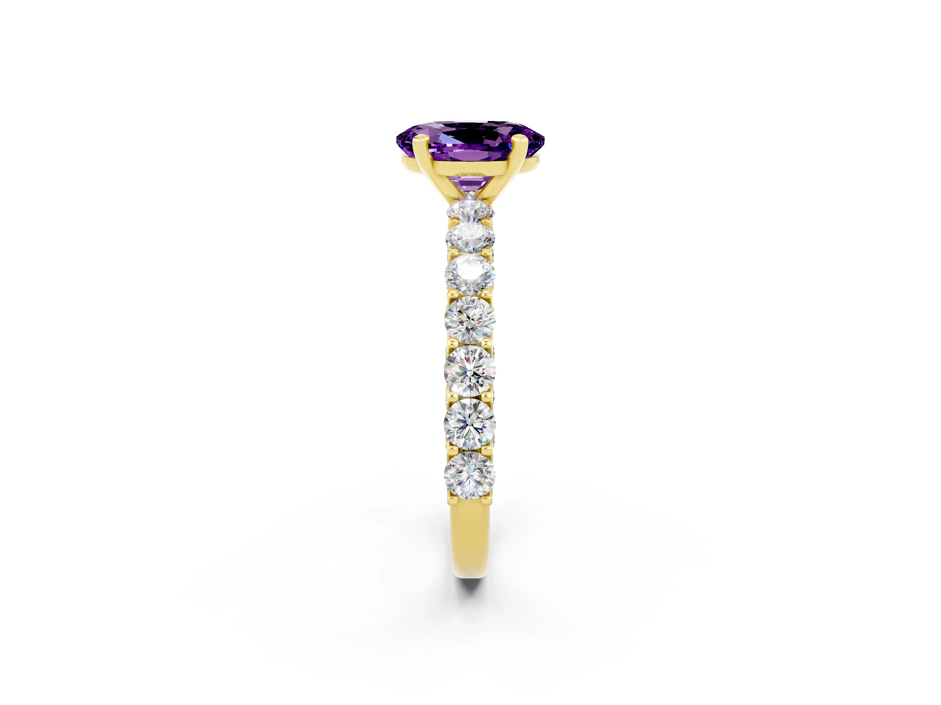 Yellow gold Oval Cut Amethyst Solitaire Ring with Shared Prong Pavé Band and Four-Prong Setting_2