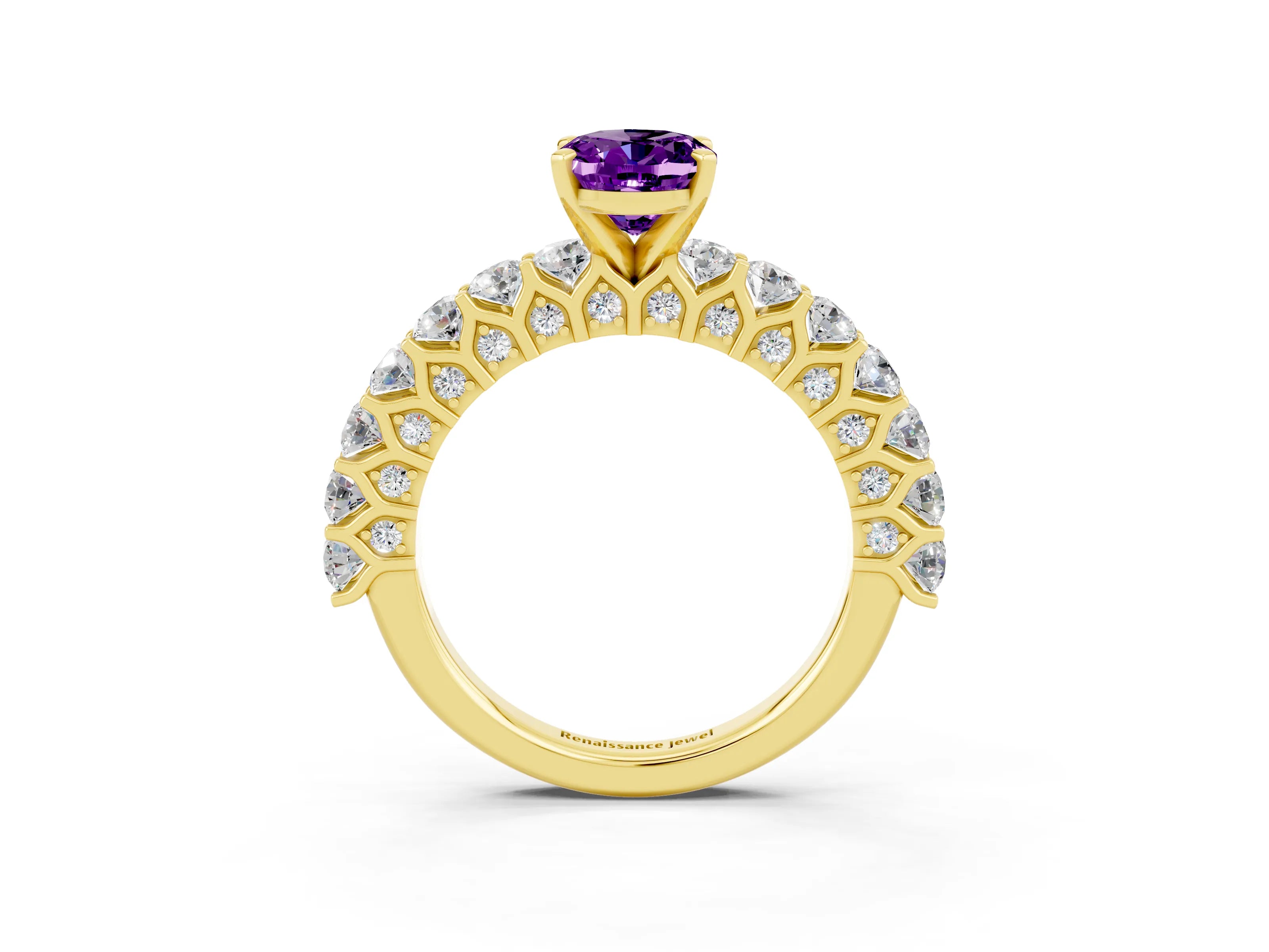 Yellow gold Oval Cut Amethyst Solitaire Ring with Shared Prong Pavé Band and Four-Prong Setting_3