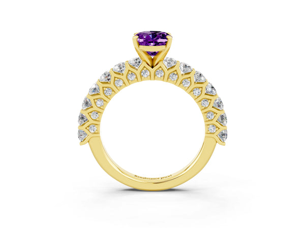 Yellow gold Oval Cut Amethyst Solitaire Ring with Shared Prong Pavé Band and Four-Prong Setting