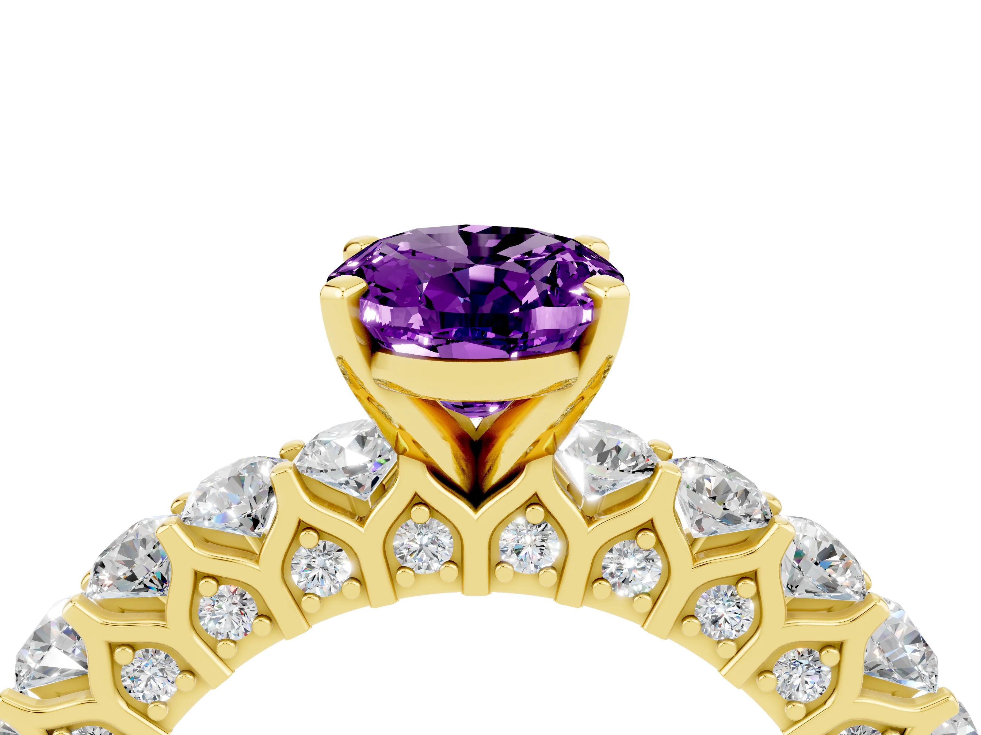 Yellow gold Oval Cut Amethyst Solitaire Ring with Shared Prong Pavé Band and Four-Prong Setting_4