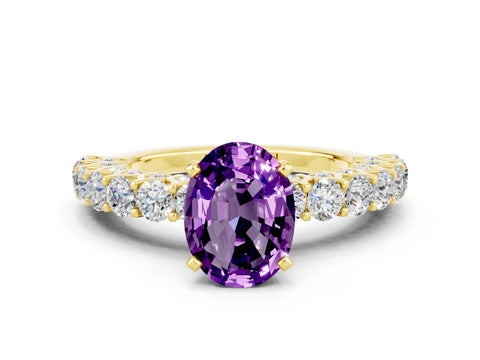 Yellow gold Oval Cut Amethyst Solitaire Ring with Shared Prong Pavé Band and Four-Prong Setting