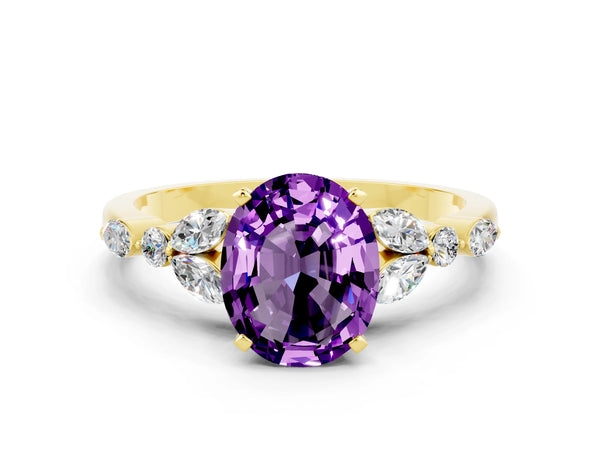 Yellow gold Oval Cut Amethyst Solitaire Ring with Side Stones and Four-Prong Setting