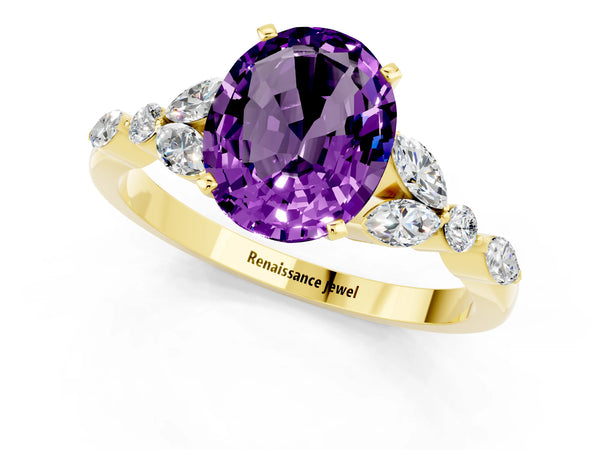 Yellow gold Oval Cut Amethyst Solitaire Ring with Side Stones and Four-Prong Setting