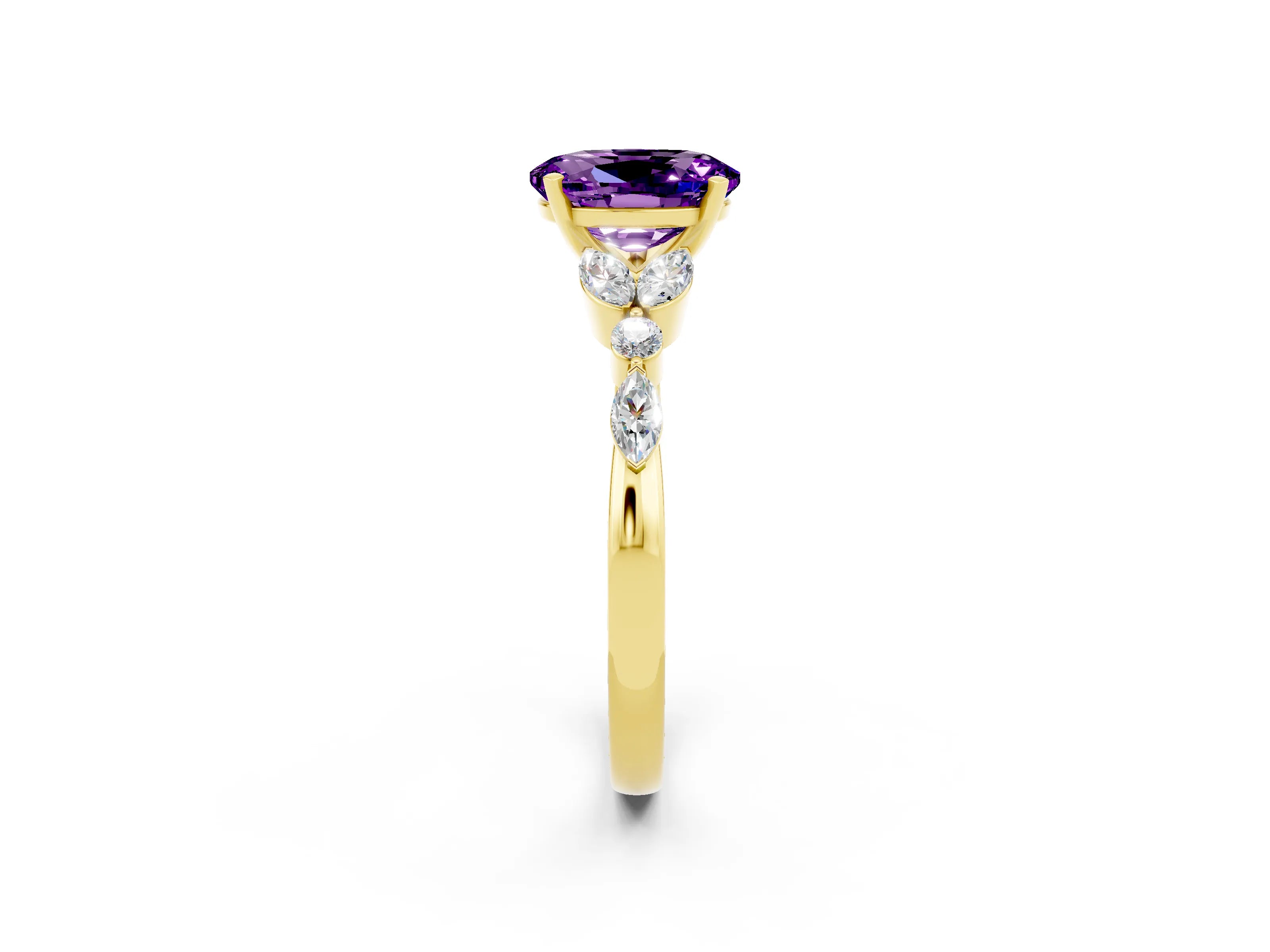 Yellow gold Oval Cut Amethyst Solitaire Ring with Side Stones and Four-Prong Setting_14