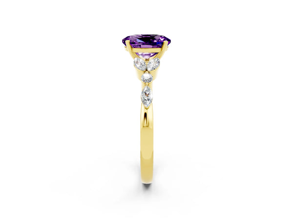 Yellow gold Oval Cut Amethyst Solitaire Ring with Side Stones and Four-Prong Setting