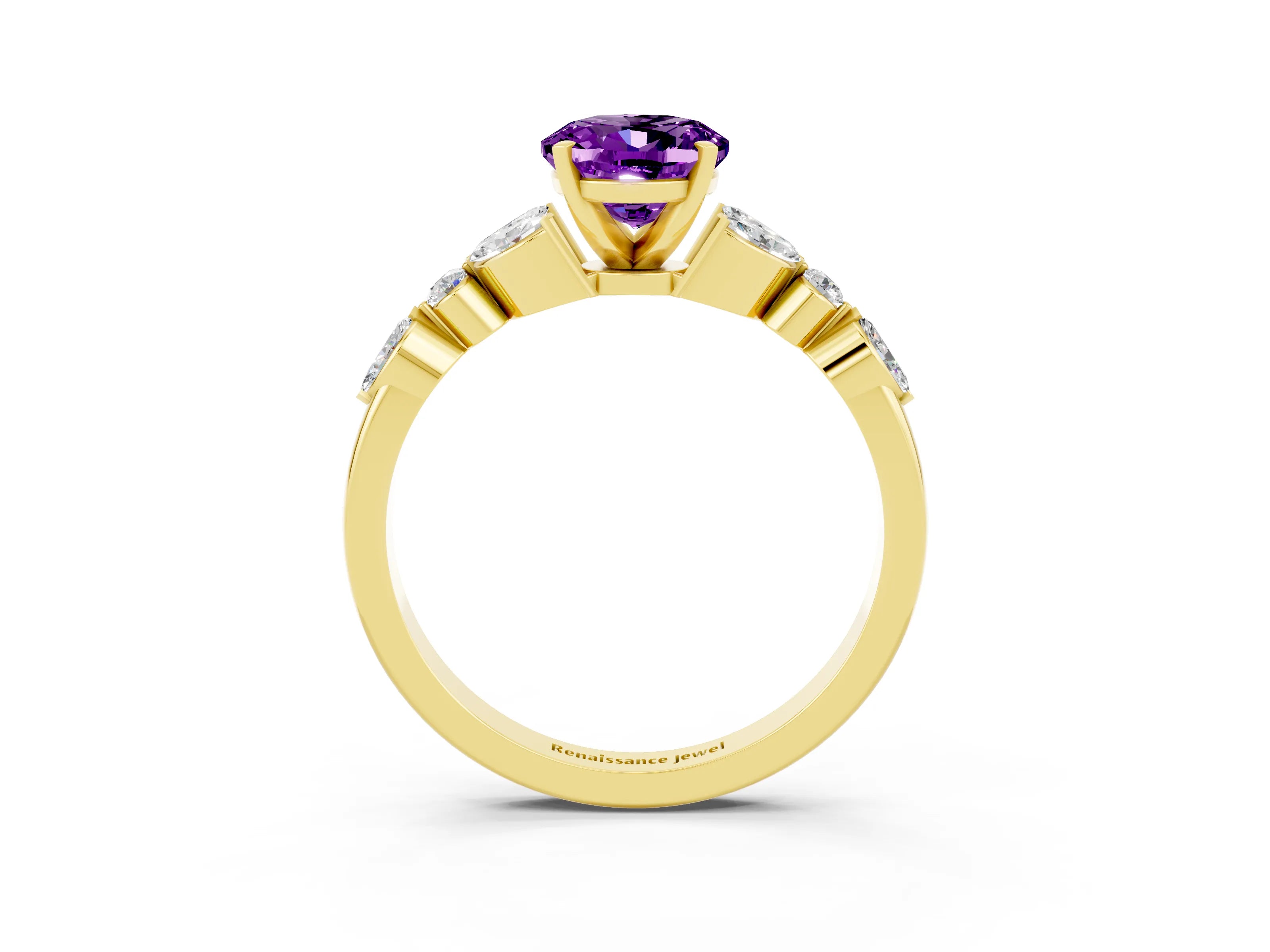 Yellow gold Oval Cut Amethyst Solitaire Ring with Side Stones and Four-Prong Setting_15
