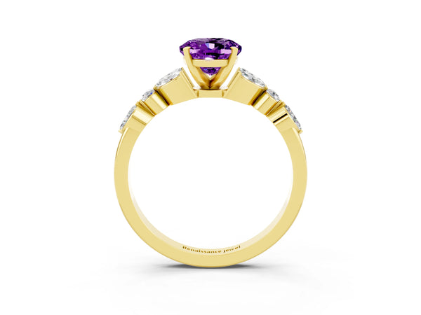 Yellow gold Oval Cut Amethyst Solitaire Ring with Side Stones and Four-Prong Setting