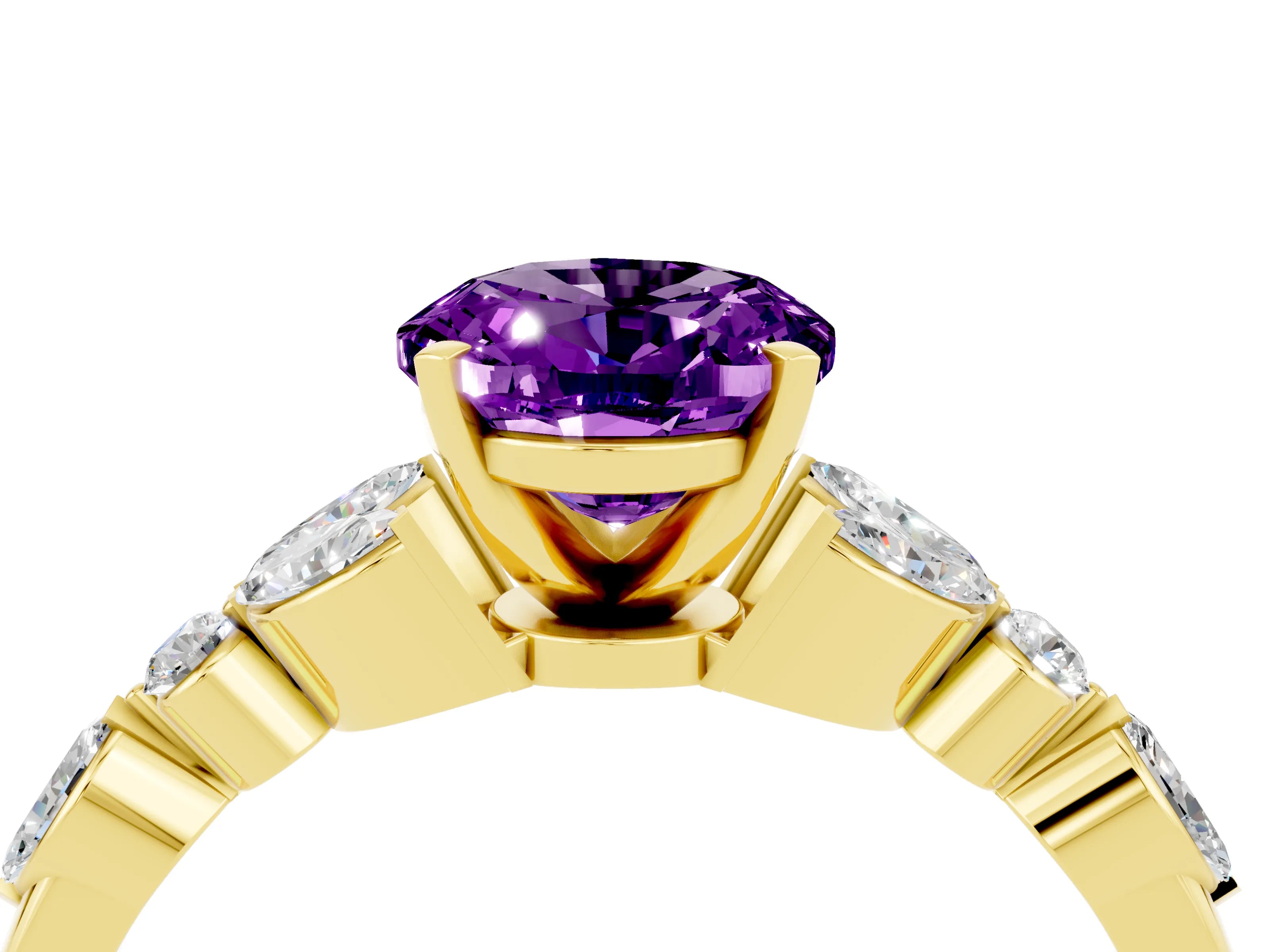 Yellow gold Oval Cut Amethyst Solitaire Ring with Side Stones and Four-Prong Setting_16