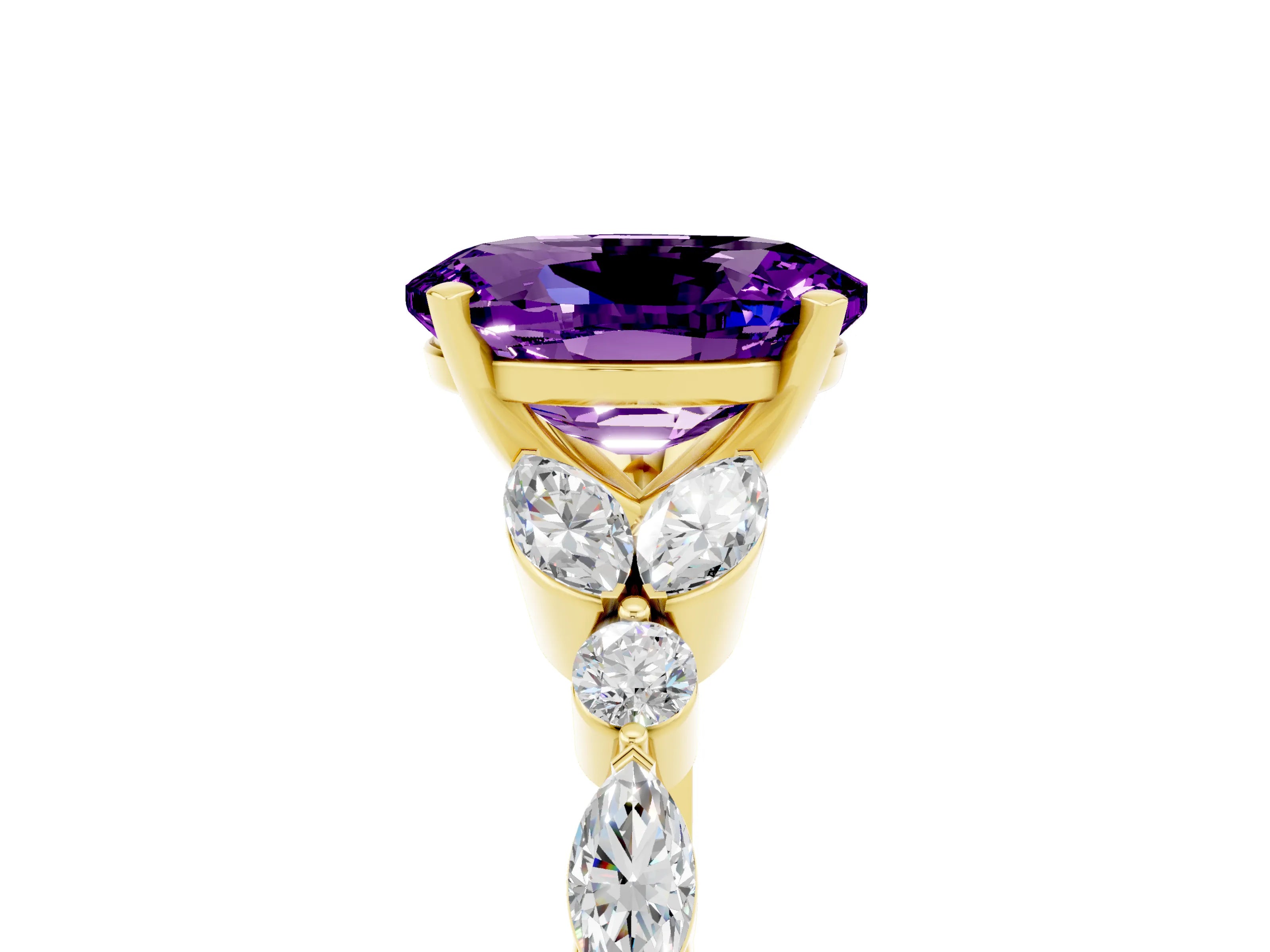 Yellow gold Oval Cut Amethyst Solitaire Ring with Side Stones and Four-Prong Setting_17