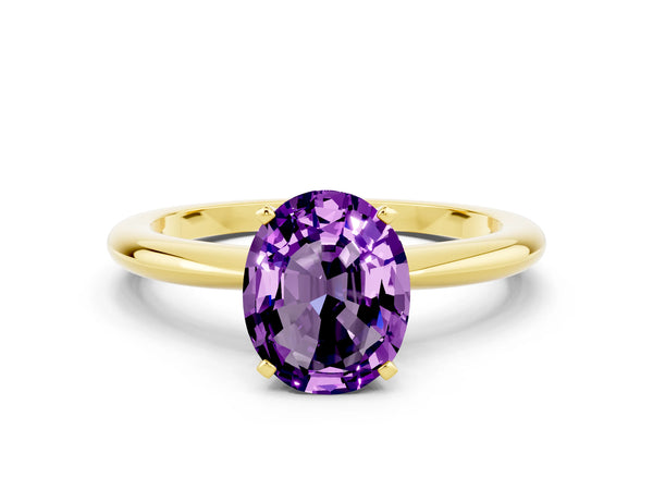 Yellow gold Oval Cut Amethyst Solitaire Ring with Six-Prong Setting and Classic Band