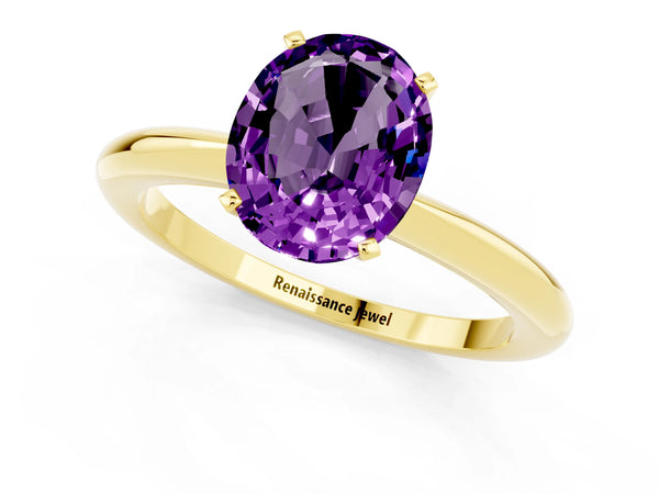 Yellow gold Oval Cut Amethyst Solitaire Ring with Six-Prong Setting and Classic Band