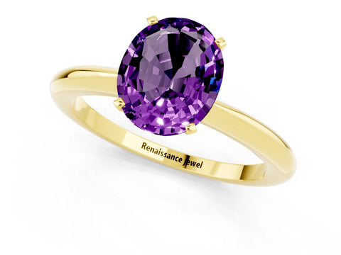 Yellow gold Oval Cut Amethyst Solitaire Ring with Six-Prong Setting and Classic Band_1