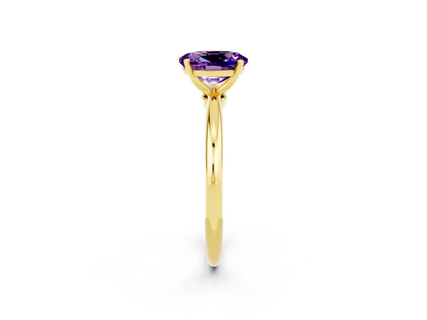 Yellow gold Oval Cut Amethyst Solitaire Ring with Six-Prong Setting and Classic Band