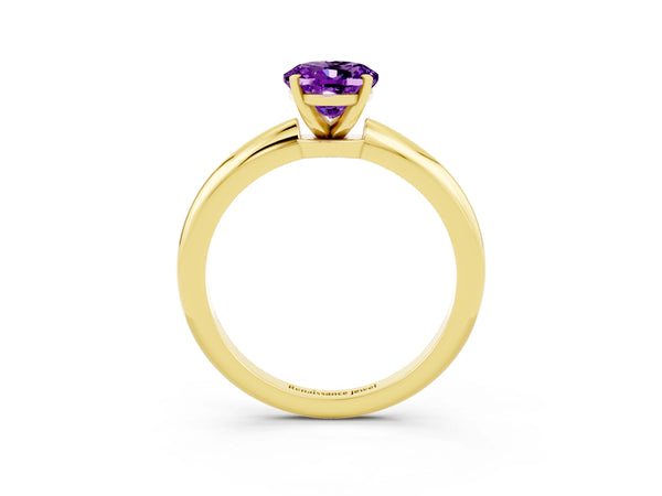 Yellow gold Oval Cut Amethyst Solitaire Ring with Six-Prong Setting and Classic Band