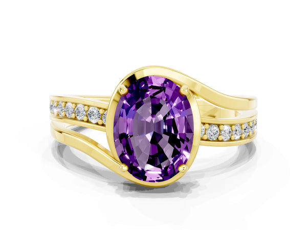 Yellow gold Oval Cut Amethyst Solitaire Ring with Split Shank and Prong Setting