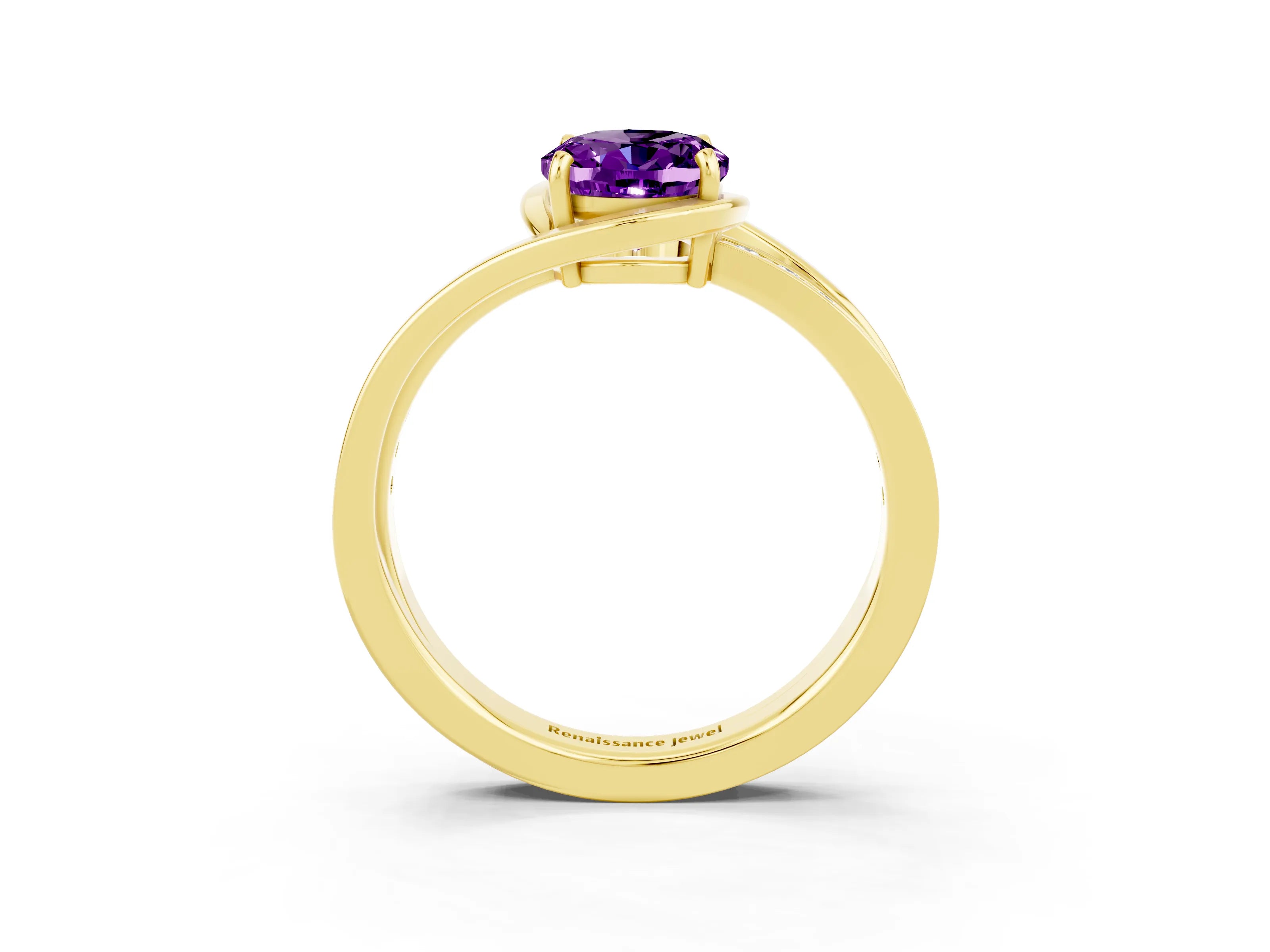 Yellow gold Oval Cut Amethyst Solitaire Ring with Split Shank and Prong Setting_3