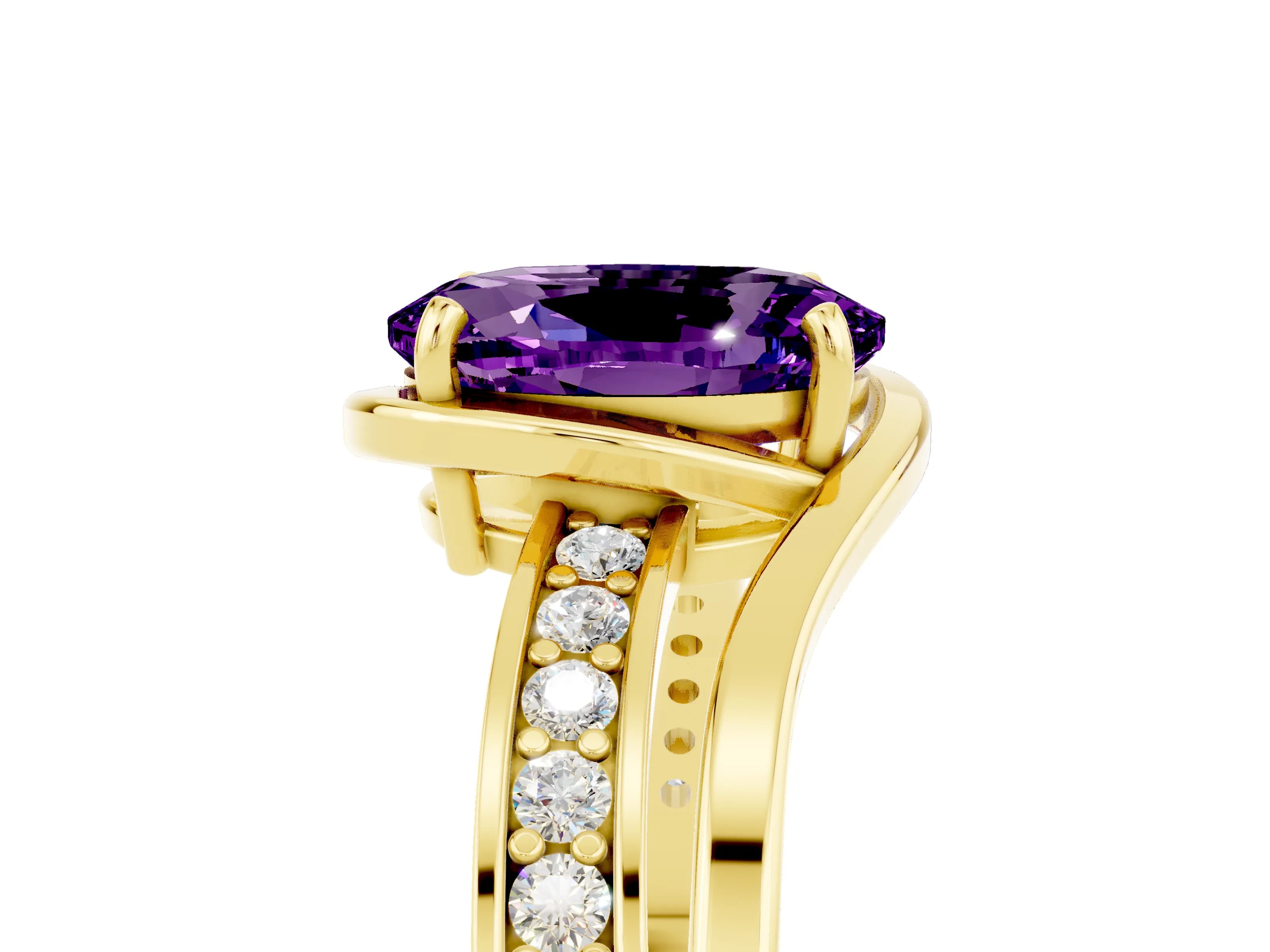 Yellow gold Oval Cut Amethyst Solitaire Ring with Split Shank and Prong Setting_5