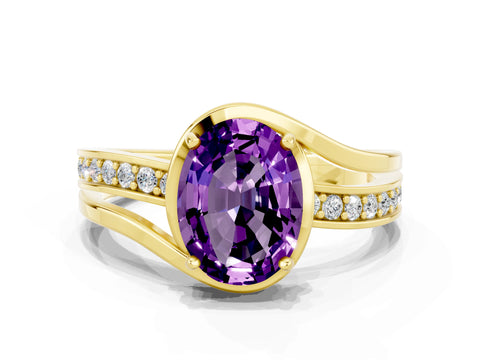 Yellow gold Oval Cut Amethyst Solitaire Ring with Split Shank and Prong Setting