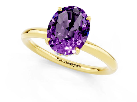 Yellow gold Oval Cut Amethyst Solitaire Ring with Thin Band and Four-Prong Setting_13