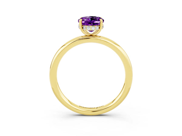 Yellow gold Oval Cut Amethyst Solitaire Ring with Thin Band and Four-Prong Setting
