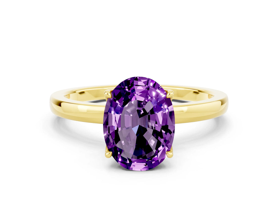 Yellow gold Oval Cut Amethyst Solitaire Ring with Thin Band and Prong Setting_12