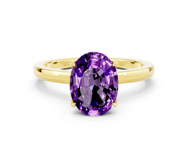 Yellow gold Oval Cut Amethyst Solitaire Ring with Thin Band and Prong Setting
