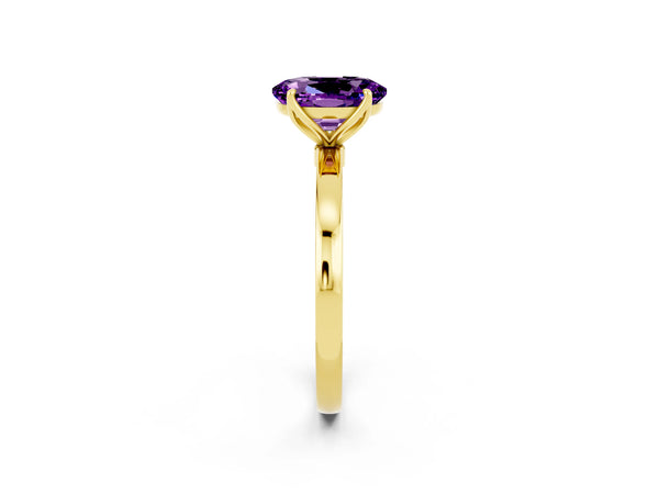 Yellow gold Oval Cut Amethyst Solitaire Ring with Thin Band and Prong Setting