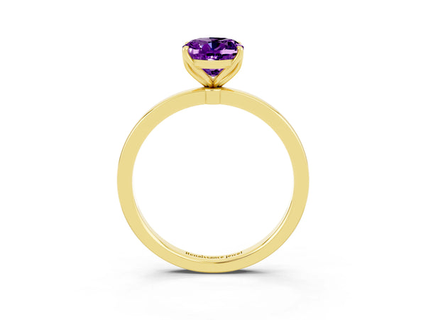 Yellow gold Oval Cut Amethyst Solitaire Ring with Thin Band and Prong Setting