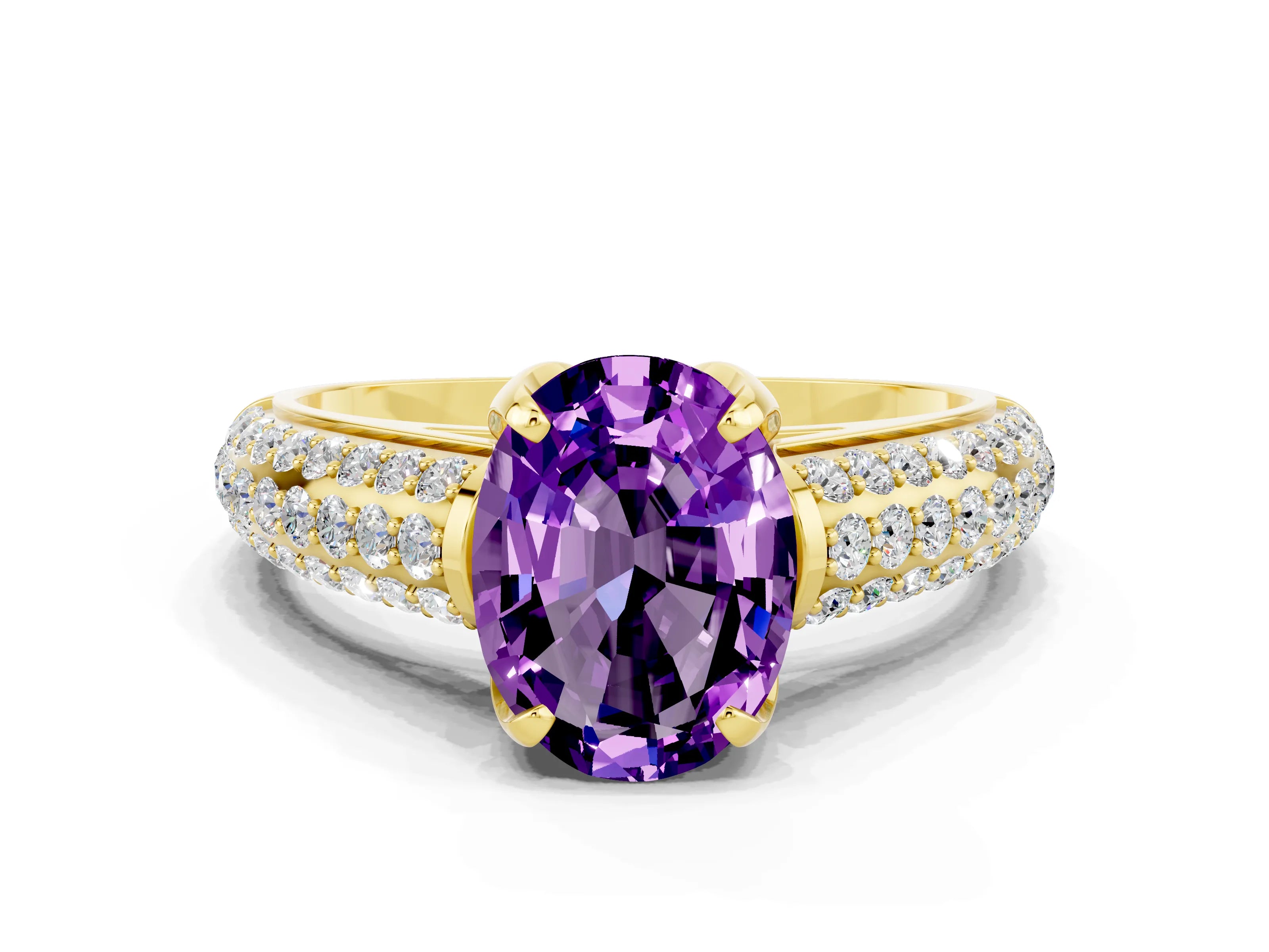 Yellow gold Oval Cut Amethyst Solitaire Ring with Three-Row Pavé Band and Four-Prong Setting_12