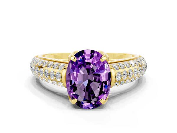 Yellow gold Oval Cut Amethyst Solitaire Ring with Three-Row Pavé Band and Four-Prong Setting