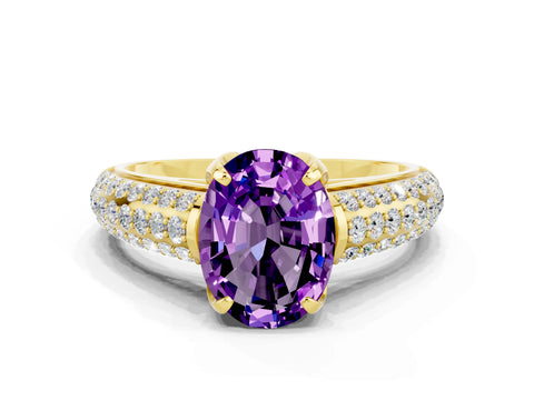 Yellow gold Oval Cut Amethyst Solitaire Ring with Three-Row Pavé Band and Four-Prong Setting_12