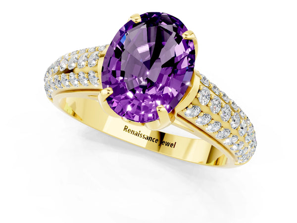 Yellow gold Oval Cut Amethyst Solitaire Ring with Three-Row Pavé Band and Four-Prong Setting