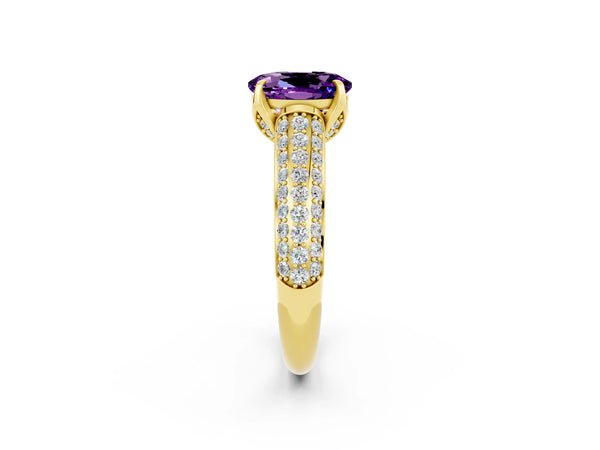 Yellow gold Oval Cut Amethyst Solitaire Ring with Three-Row Pavé Band and Four-Prong Setting